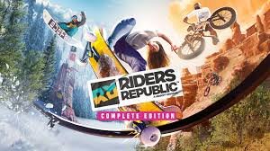 portada riders republic, una persona practicando snowboard, otra patineta y otra bicicleta