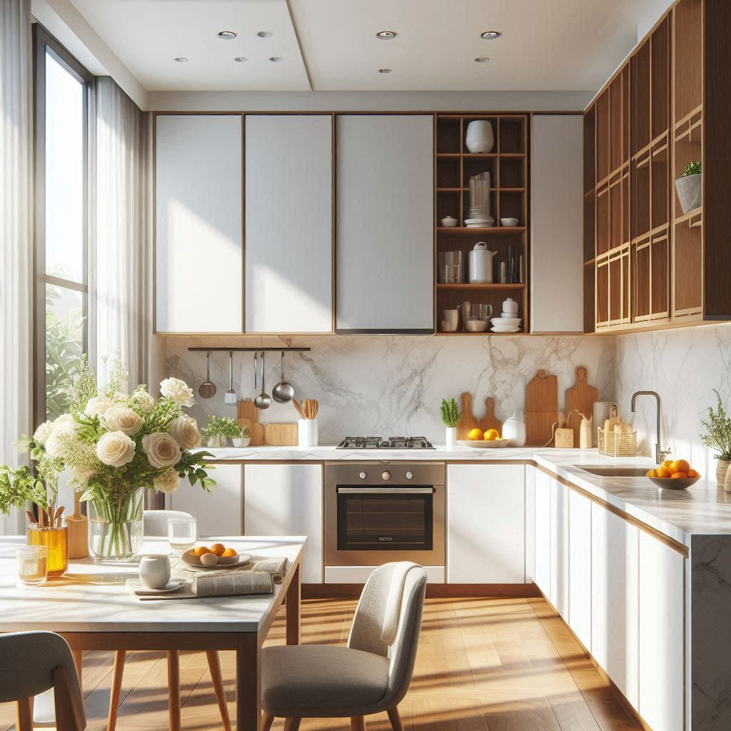 En la imagen hay una acogedora cocina en color blanco, iluminada por un gran ventanal. En ella hay un arreglo de rosas color champagne sobre la mesa. A un lado de la estufa de color plata estan un juego de accesorios en el mismo tono y tablas de picar color madera en diferentes tamaños. En esta cocina hay calidez y organización.